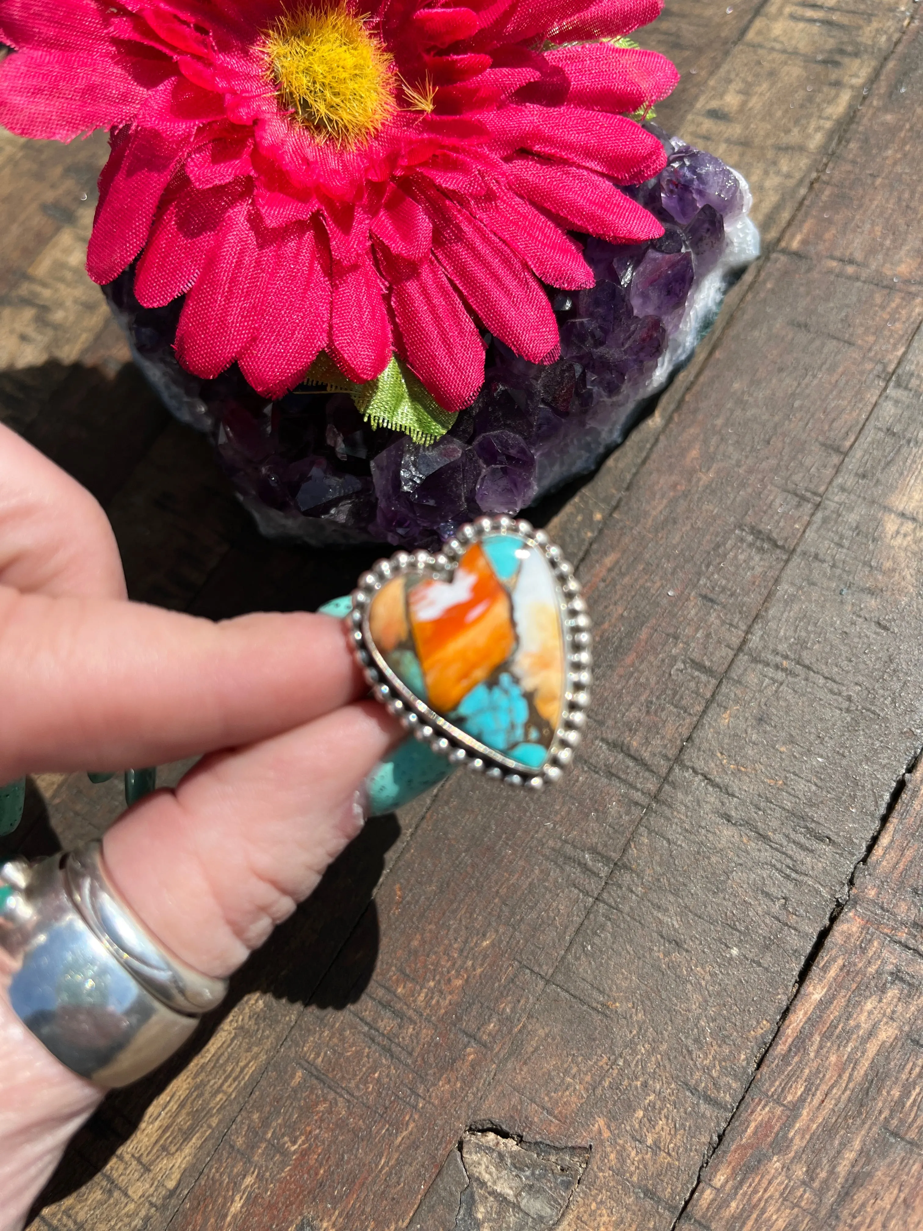 Adjustable Orange Spiny Kingman Heart Ring #3