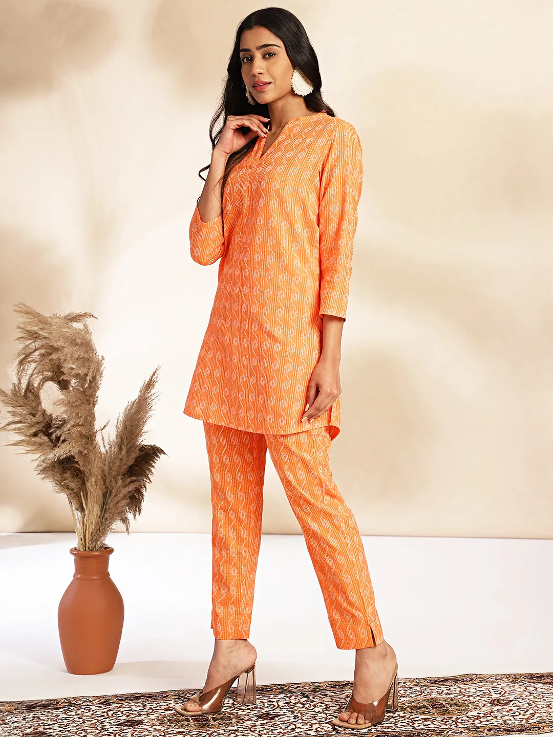 Orange Cotton Woven Design Regular Co-ord Set