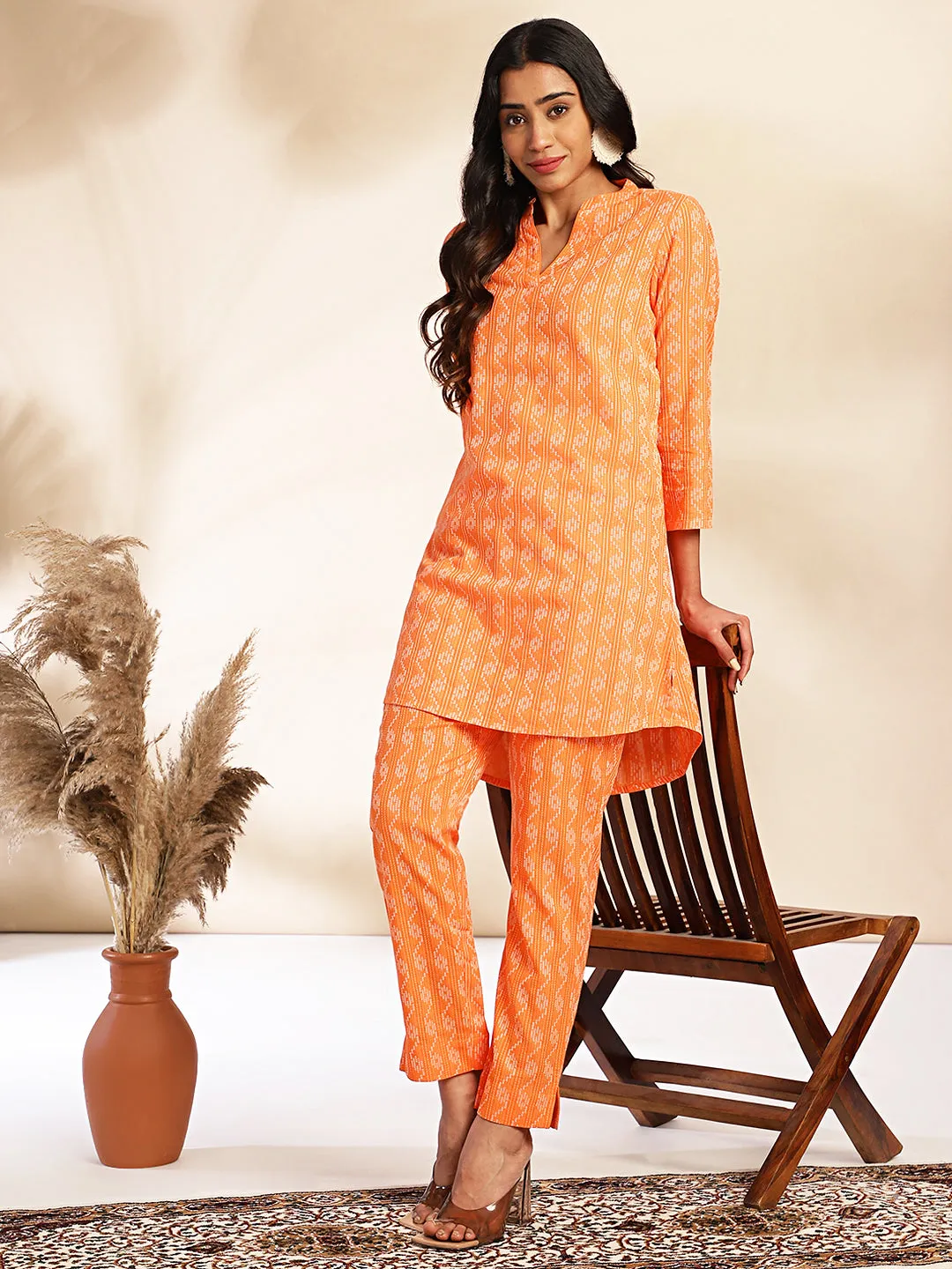 Orange Cotton Woven Design Regular Co-ord Set