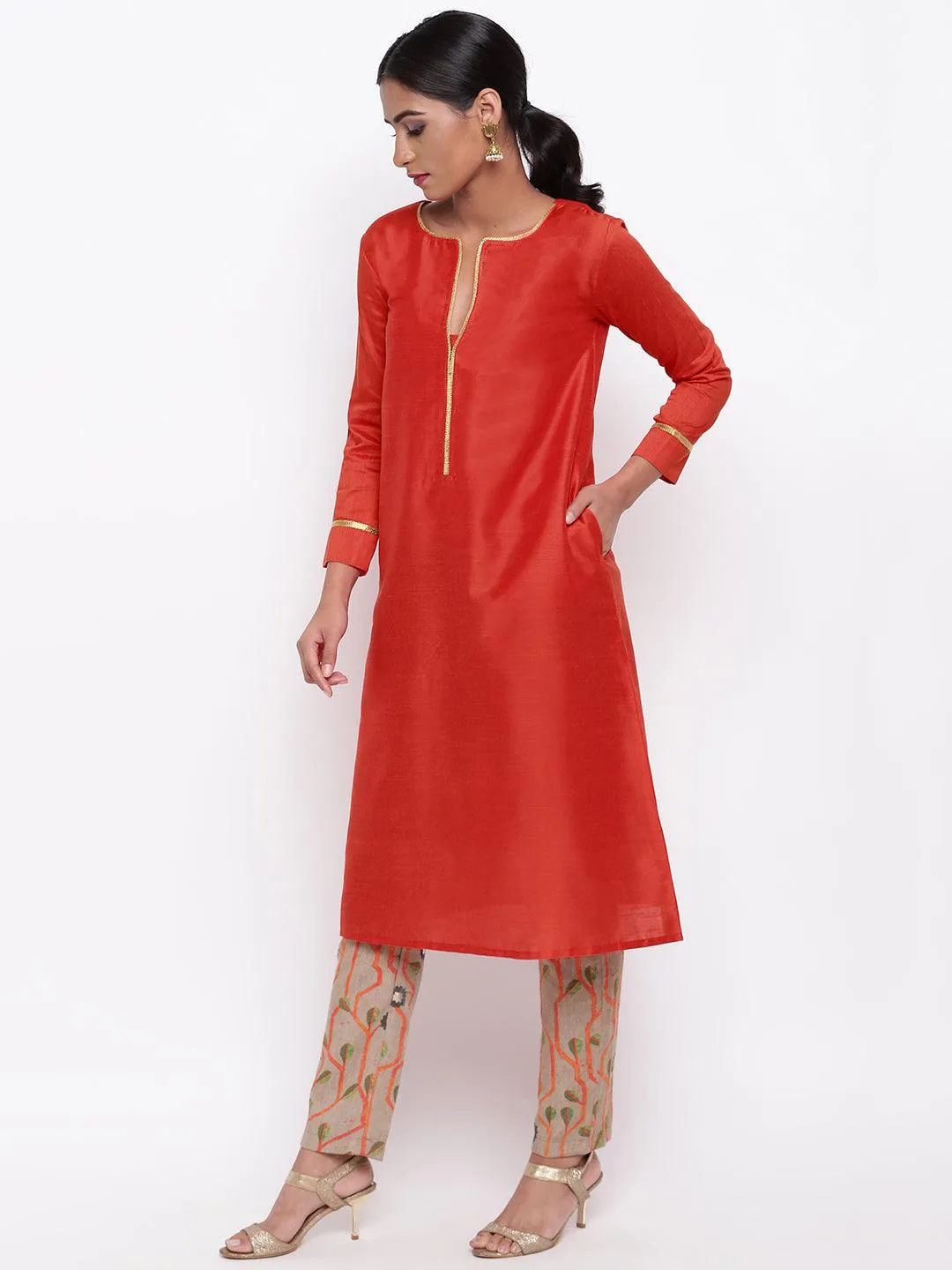 Orange Lace Kurta Stem Foil Pant