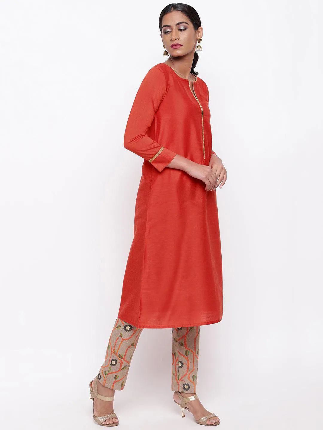 Orange Lace Kurta Stem Foil Pant